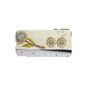 BSK jewelry set features a floral brooch and matching clip-on earrings 1950s
